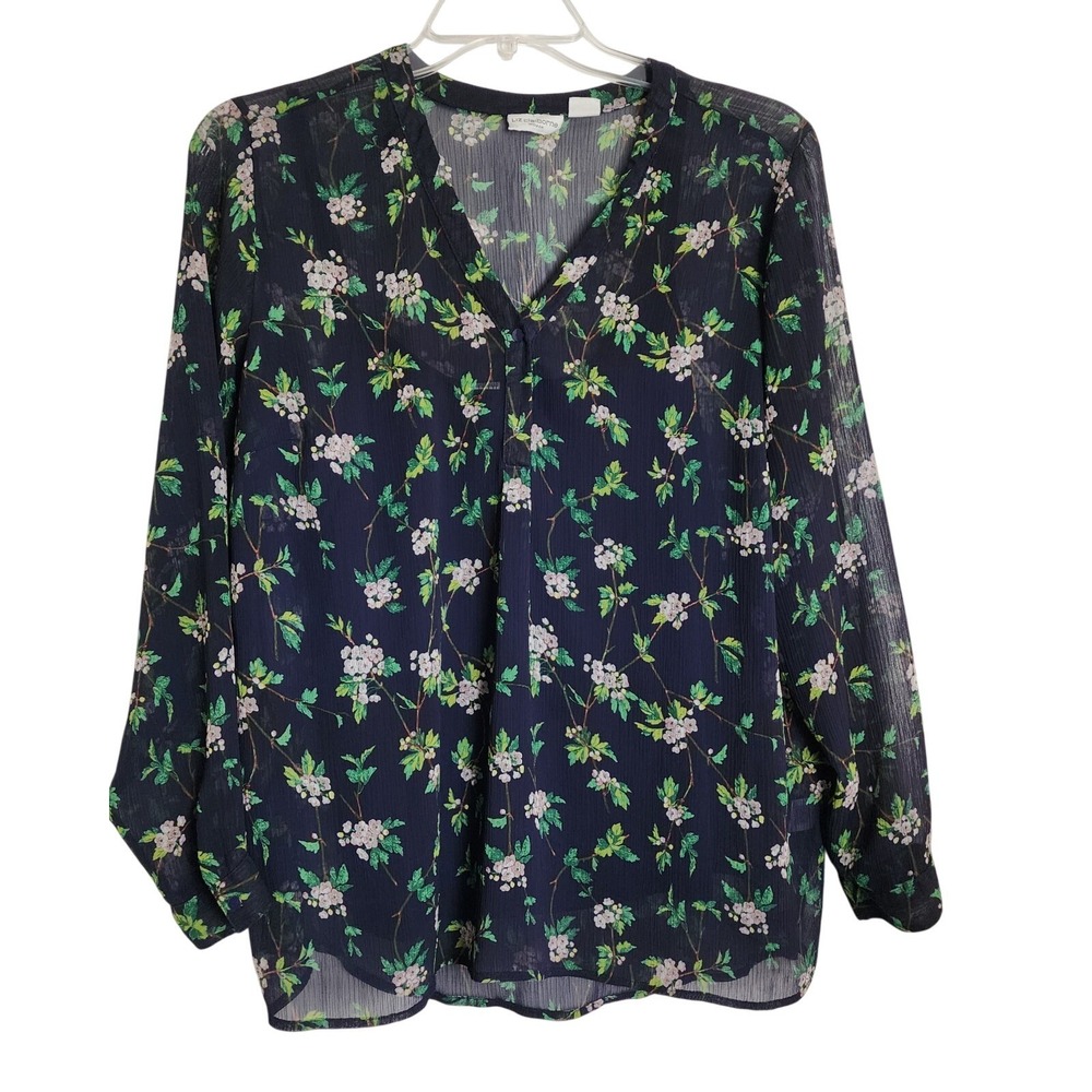 LIZ CLAIBORNE Sz‎ 1X Women's SHEER BLOUSE TOP With Acompaning Tank, Navy Floral
